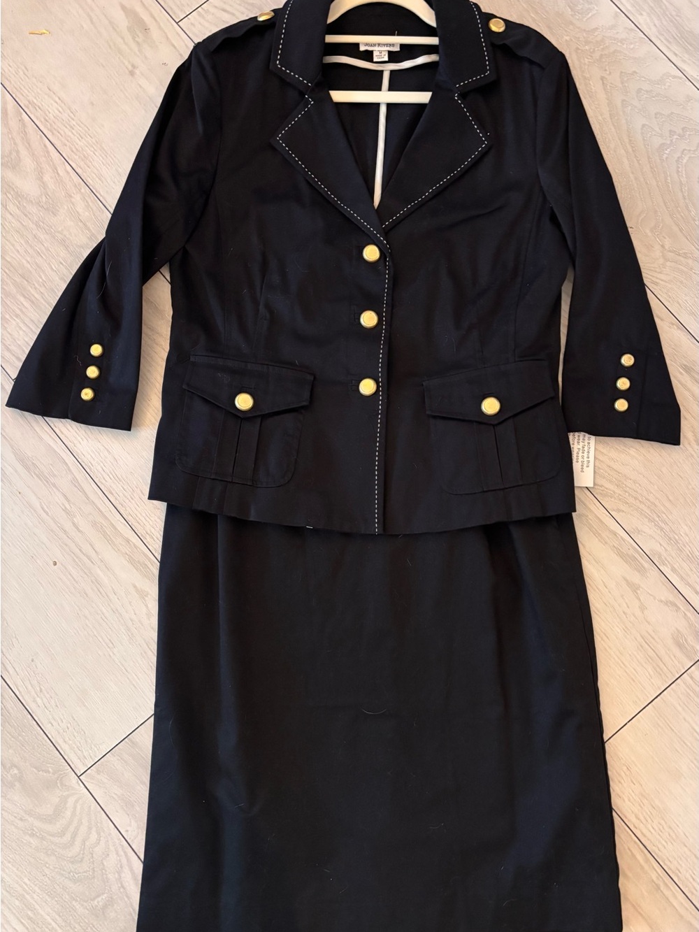 Joan Rivers Black Skirt Set with Gold Buttons and Notched Collar